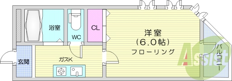 1K、バストイレ別、独立洗面台、システムキッチン