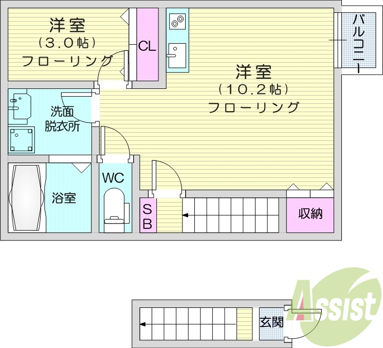 1LDK、浴室乾燥機、ウォシュレット、独立洗面台