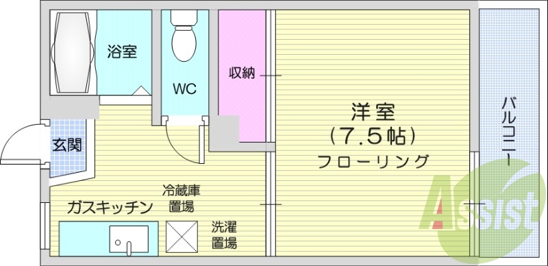 1K、エアコン、バルコニー、フローリング、追い焚き機能。