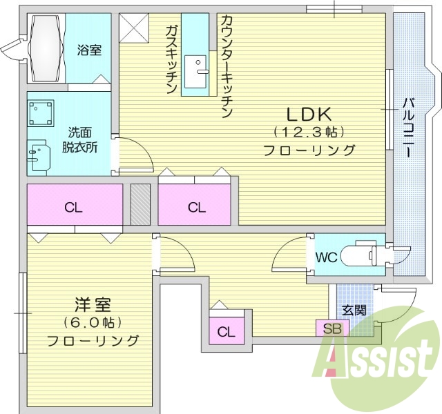 1LDK、フローリング、エアコン、クローゼット