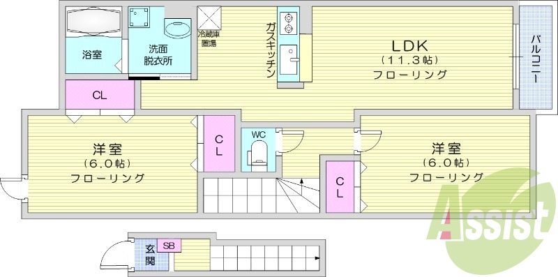 2LDK、エアコン、独立洗面台、フローリング