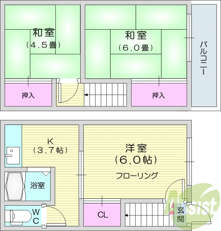 3K、フローリング、エアコン、バストイレ別
