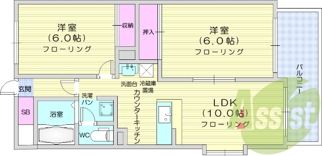 2LDK、追い焚き機能、独立洗面台、室内洗濯機置場