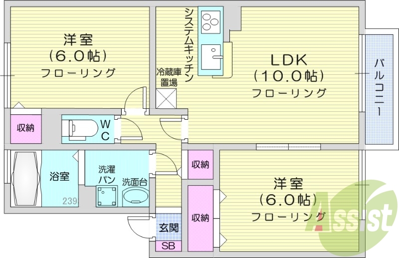 2LDK、クローゼット、対面キッチン、エアコン