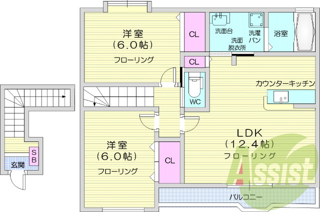 2LDK、モニター付きインターホン、ウォシュレット