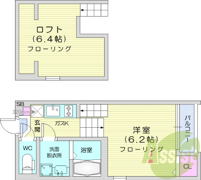 1K、ロフト付き、浴室乾燥機、光ファイバー、洗髪洗面化粧台