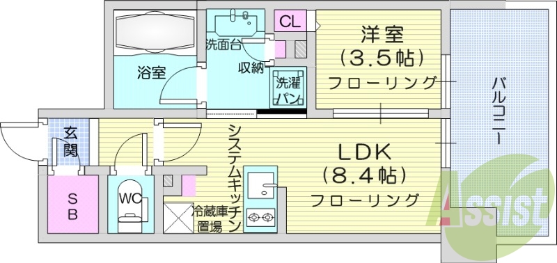 １LDK、浴室乾燥機、システムキッチン。オートロック