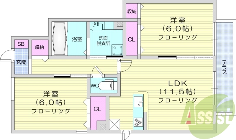 ２LDK、エアコン２基、ネット無料、都市ガス、宅配BOX