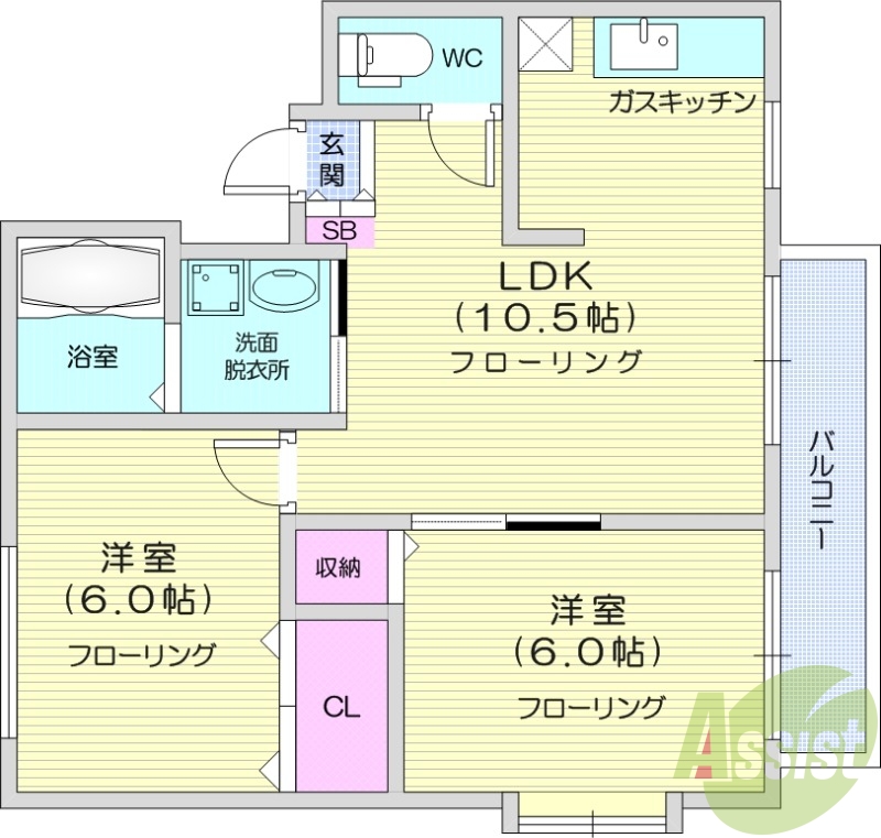 2LDK、バルコニー、バストイレ別、クローゼット