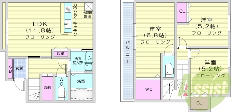 3LDK、エアコン、室内洗濯機置き場、バストイレ別、収納