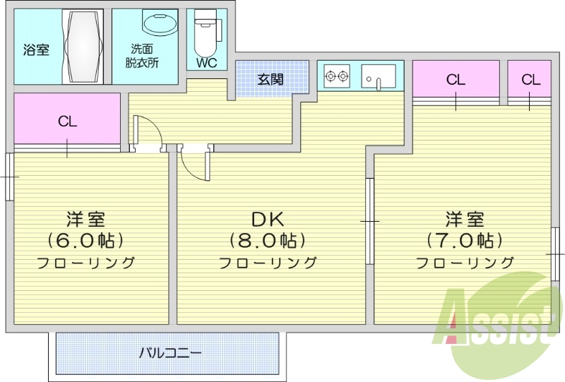 2DK、フローリング、室内洗濯機置場、バストイレ別
