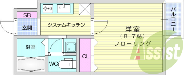 1K、駐車場有、室内洗濯機置場あり、風呂トイレ別
