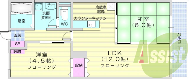 2LDK、都市ガス、対面式キッチン、独立洗面台