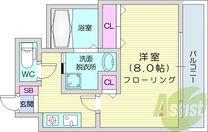 1K、ガスコンロ設置済み、独立洗面台、バストイレ別