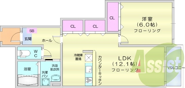 1LDK、B・T別、ウォシュレット付きトイレ有り。