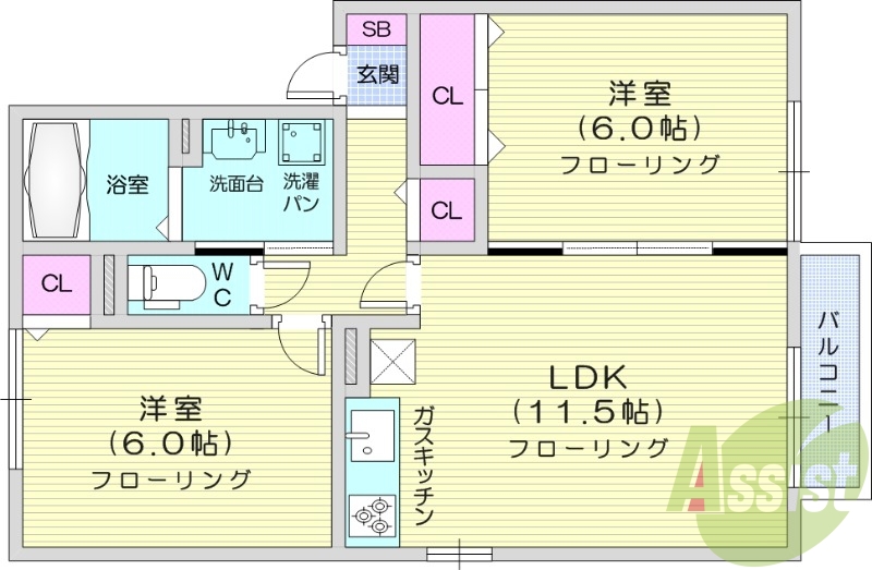2LDK、物置付き、独立洗髪洗面化粧台、バストイレ別