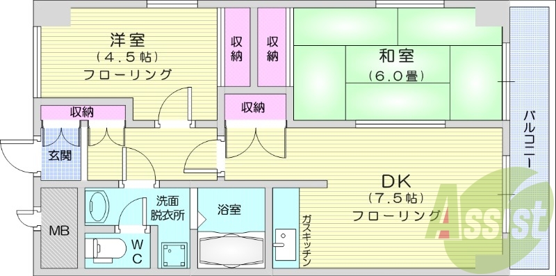 2DK、バルコニー、給湯、ガスキッチン、室内洗濯機置場