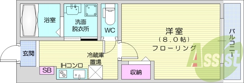 １K、IHクッキングヒーター、エアコン、独立洗面台