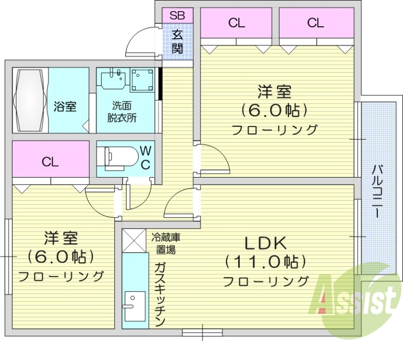 2LDK、独立洗面化粧台、バルコニー、浴室乾燥機