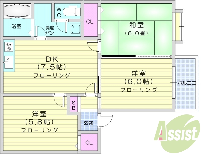 3DK、バストイレ別、給湯、追い焚き給湯