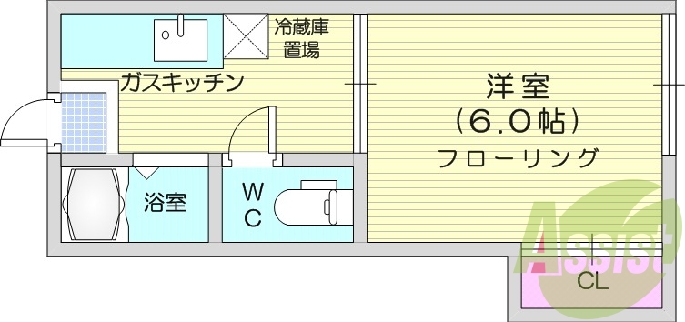 １K、エアコン、バストイレ別、フローリング