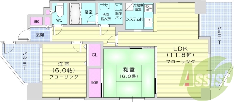 2LDK、バストイレ別、エアコン、室内洗濯機置場