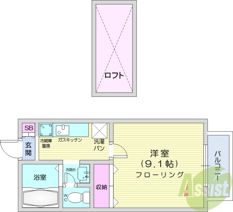1Kロフト付きのお部屋です。TV付きインターホン、追い焚き