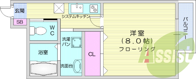 1K、モニター付きインターホン、バストイレ別