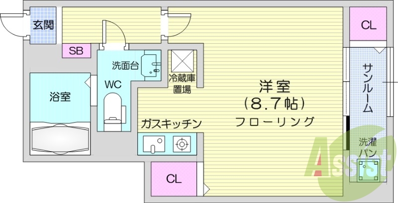 １R、モニター付きインターホン、バストイレ別
