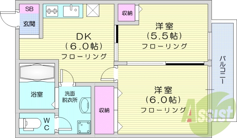 2DK、フローリング、独立洗面台、温水洗浄便座機能