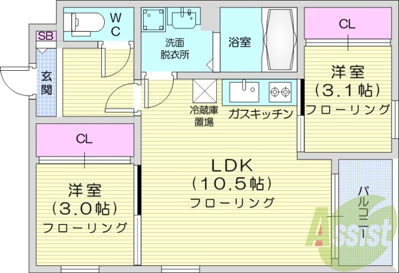 2LDK、バルコニー、バストイレ別、追い炊き機能