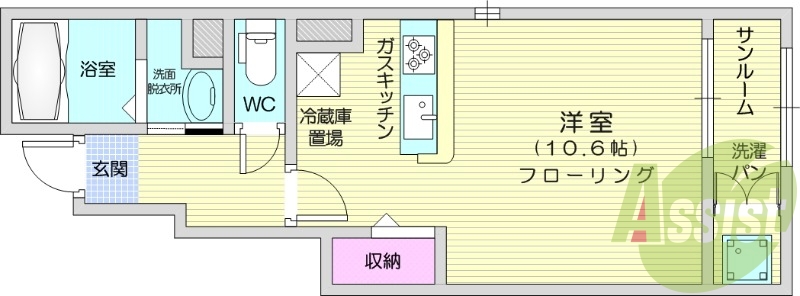 １R、浴室乾燥機、温水洗浄便座、エアコン、独立洗面台