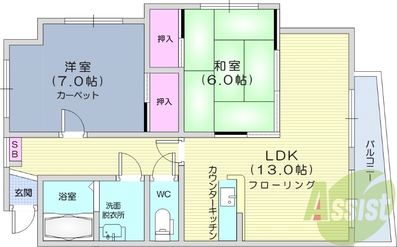 2LDK、追い炊き機能、温水洗浄便座付き、バス・トイレ別