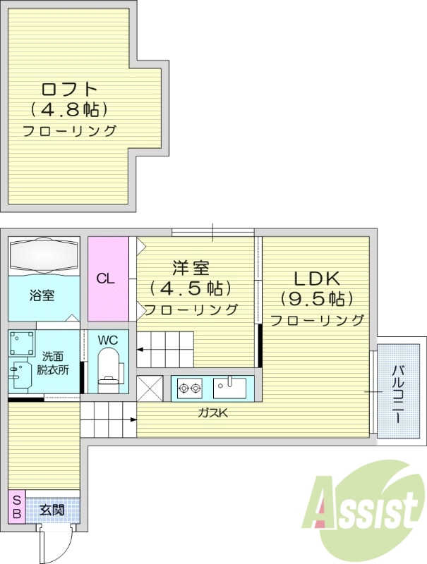 1LDK、ロフト付き、バルコニー付き、独立洗面化粧台