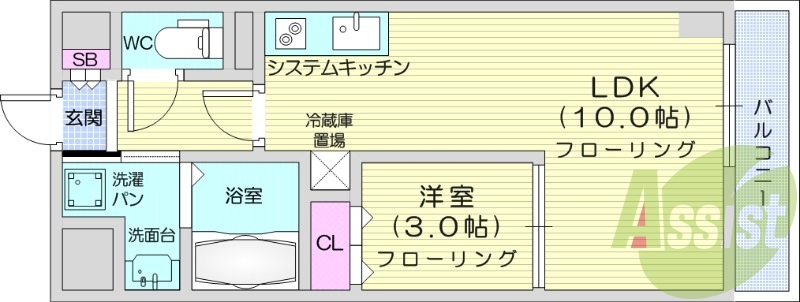 1LDK、オートロック、フローリング、防犯カメラ