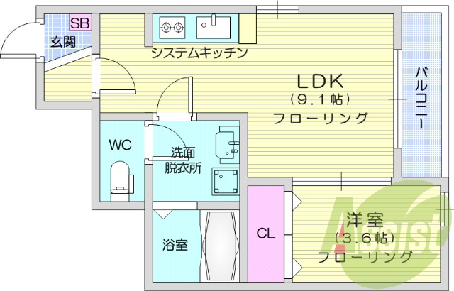 1LDK、システムキッチン、フローリング、ネット無料