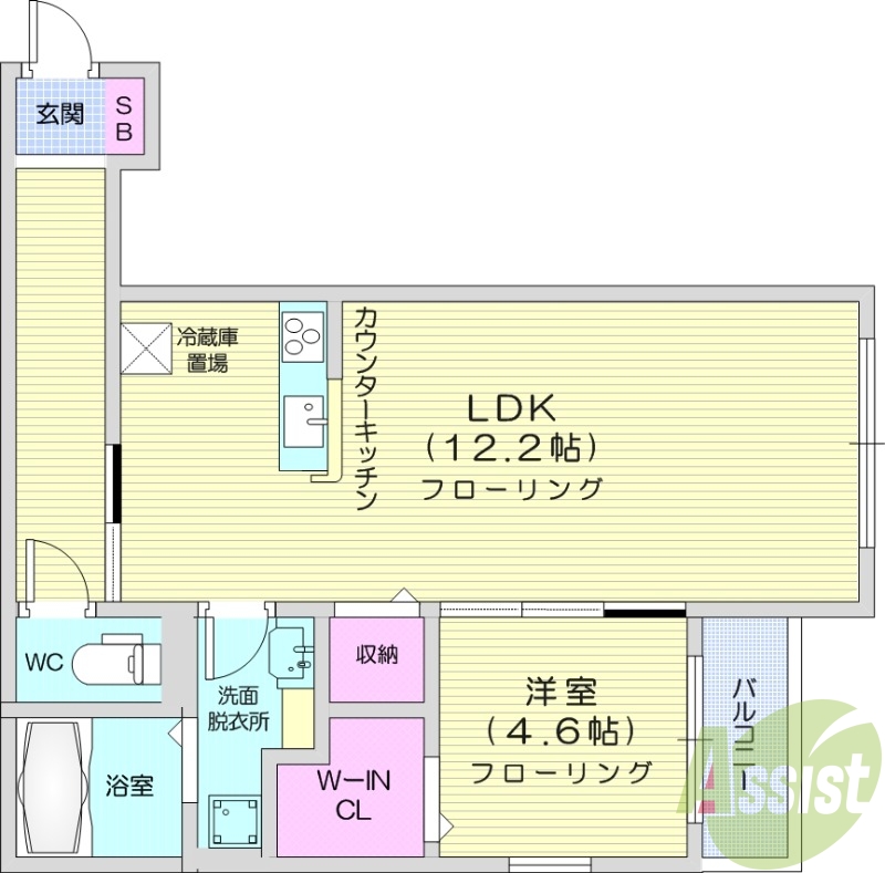1LDK、バルコニー、ウォークインクローゼット