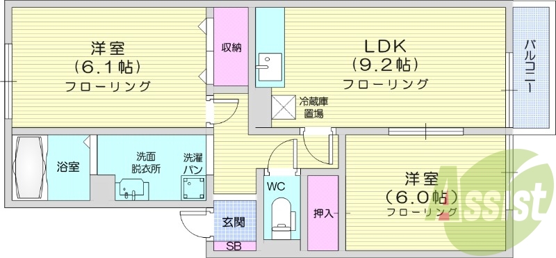 2LDK、バス・トイレ別、追い焚き機能、室内物干し