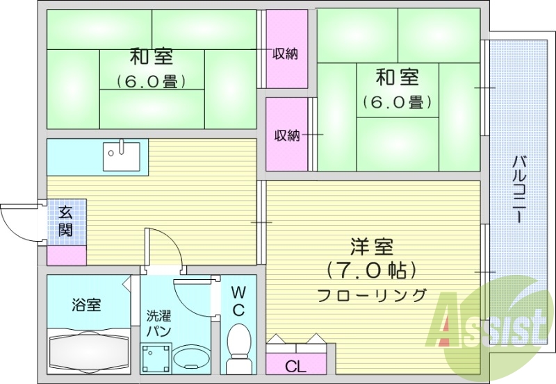 3K、独立洗面台、エアコン付き、和室、角部屋、脱衣所