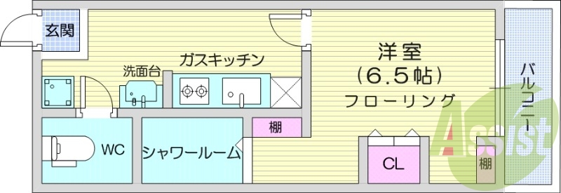 1K、ガスコンロ2口、室内洗濯機置き場、独立洗面台、エアコン