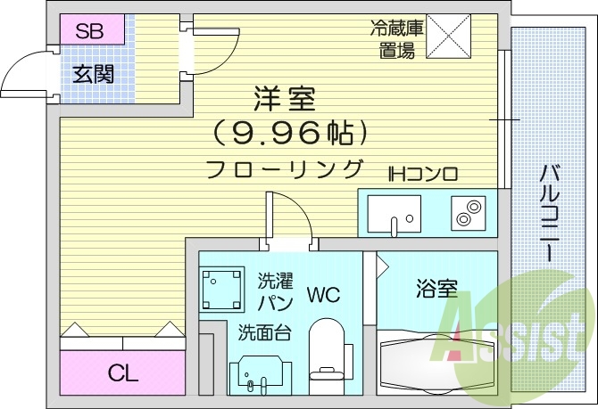 1R、エアコン、バストイレ別、洗面所独立、バルコニー