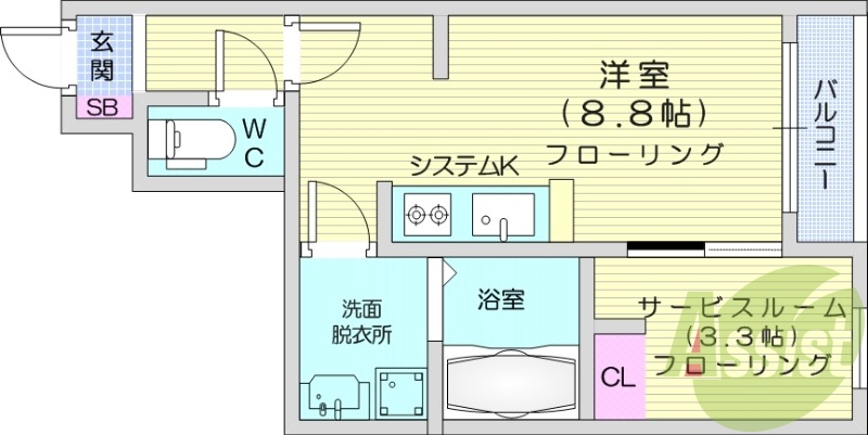 1R、収納付き、浴室乾燥機、洗髪洗面化粧台、エアコン付き
