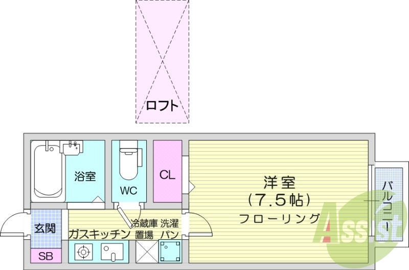 1K、ロフト、バストイレ別、モニター付きインターホン