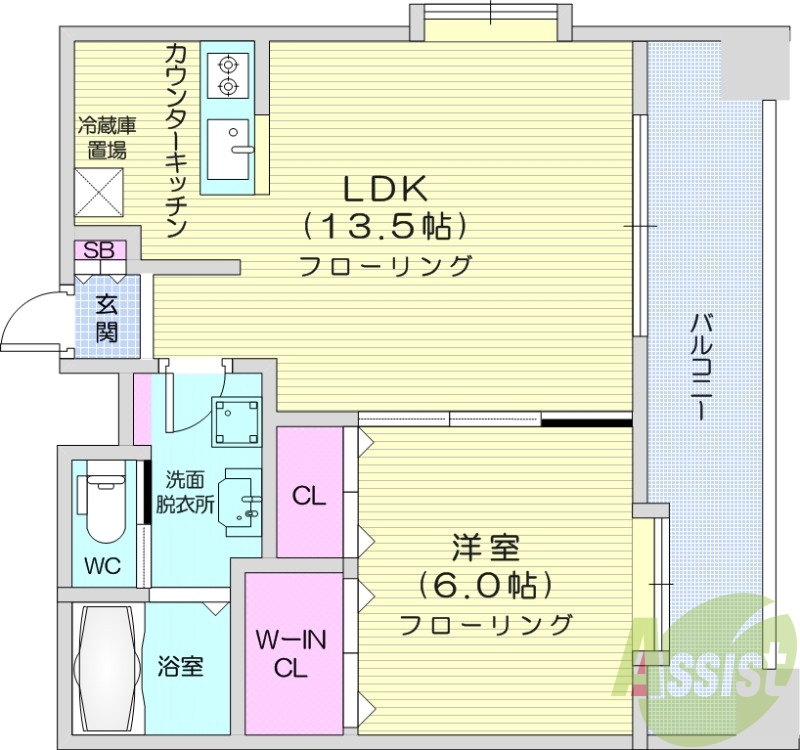1LDK、洗面所独立、ガスコンロ2口、浴室乾燥機、エアコン