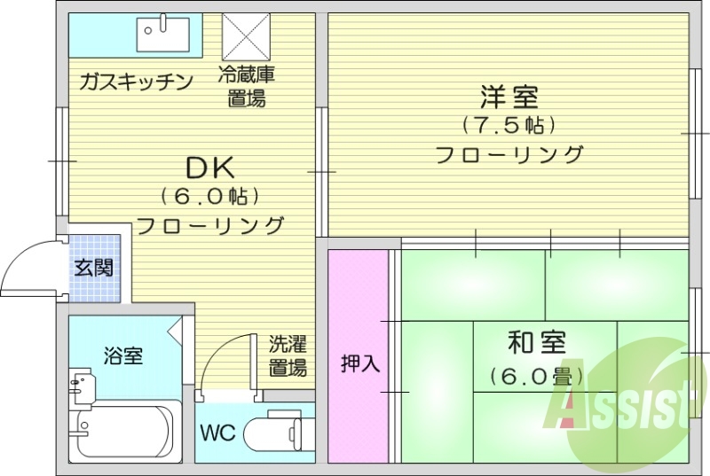 2DK、追い焚き機能、南向き、エアコン。