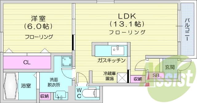 1LDK、都市ガス、追い焚き給湯、浴室乾燥機、バストイレ別