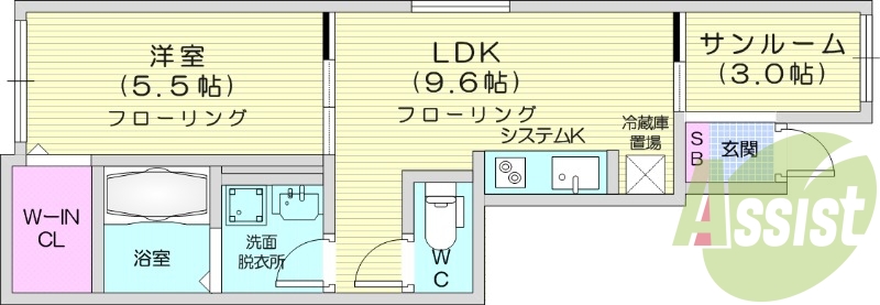 1LDK、サンルーム、ペット相談、ウォークインクローゼット