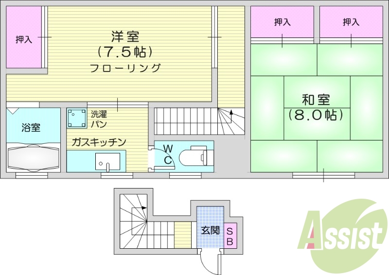 2*、和室、東向き、エアコン、給湯、洋室