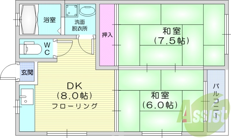 2DK、エアコン、室内洗濯機置場、トイレ浴室別、収納