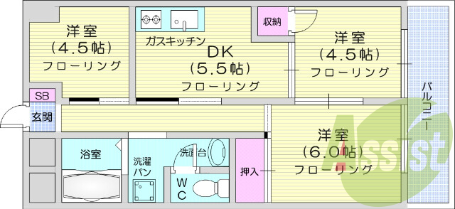 3DK、陽当たり良好、追い焚き機能付きです。